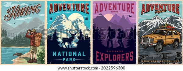Camping and hiking vintage\
posters with travel car deer two hikers traveler standing on coast\
of river and looking through binoculars at nature landscape vector\
illustration