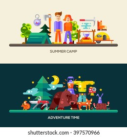 Camping and hiking website header, banner with modern flat design icons and other web vector elements