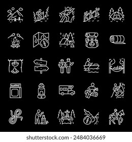 Camping and hiking, white line icons. Outdoor leisure and overnight gear. adventure and nature themes. Symbols on black background. Editable stroke.