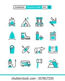 Camping, hiking, wilderness, adventure and more. Plain and line icons set, flat design, vector illustration