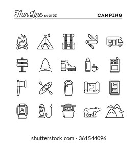 Camping, caminatas, áreas silvestres, aventuras y más, juegos de iconos delgados, ilustración vectorial