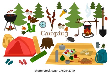 Camping, hiking in the woods, a set of elements in a hand drawn style. Tent, fire, barbecue, thermos, grill, flashlight, boots, compass. Vector illustration. Suitable for scrapbooking, posters.