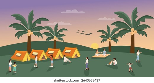Camping in the hill. People on the campsite. Sunset in the hill. Sunset camping. Picnic camping. Morning sunrise. Beach hill.