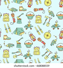 Camping holiday seamless vector pattern with color symbols - wood, fire, kerosene lamp, lantern, tent, knife, backpack, fishing, compass, shoes.