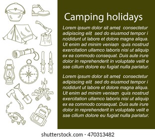 Camping holiday vector card with line icons. Wood, fire, kerosene lamp, lantern, tent, knife, backpack, fishing, compass, shoes.
