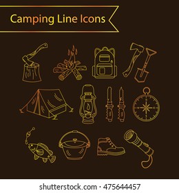 Camping holiday vector line icons. Golden liner vector icons - wood, fire, kerosene lamp, lantern, tent, knife, backpack, fishing, compass, shoes.