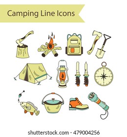 Camping holiday vector line icons. Color vector
