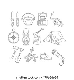 Camping holiday vector line icons. Thin liner vector icons - wood, fire, kerosene lamp, lantern, tent, knife, backpack, fishing, compass and shoes.
