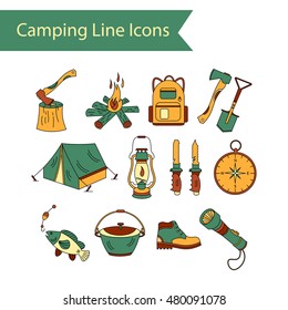 Camping Holiday Vector Line Icons. Color Vector Icon. Wood, Fire, Kerosene Lamp, Lantern, Tent, Knife, Backpack, Fishing, Compass, Shoes.