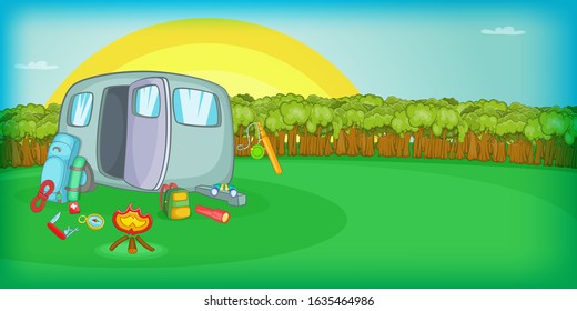 Camping horizontal banner concept sunset. Cartoon illustration of camping vector horizontal banner concept for web