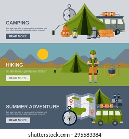 Camping horizontal banner set with hiking and summer adventure flat elements isolated vector illustration