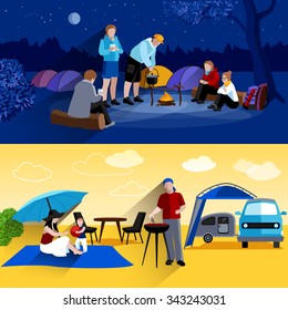 Camping horizontal banners set with camp at night and picnic symbols flat isolated vector illustration 