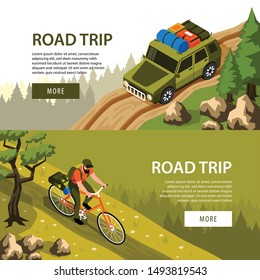 Camping horizontal banners set with man riding bicycle and tourist car on road in forest 3d isometric isolated vector illustration