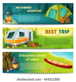 Camping horizontal banners set with summer adventure best trip virginal corners of nature isolated vector illustration