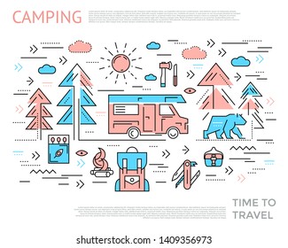 Camping horizontal concept with two colors icon set combined in line composition vector illustration