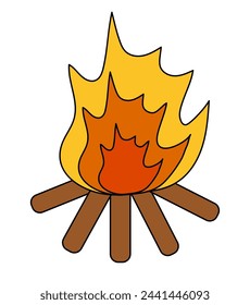 Camping Fuego ardiente caliente. Icono plano simple, etiqueta engomada, ilustración, emblema, logotipo.