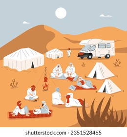 Camping in der heißen Wüste mit Sand Landschaft mit Touristen- und Arabischen Beduinenvektorgrafik