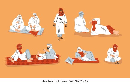 Camping in Hot Desert with Sand Landscape with Tourist and Arab Bedouin Vector Illustration