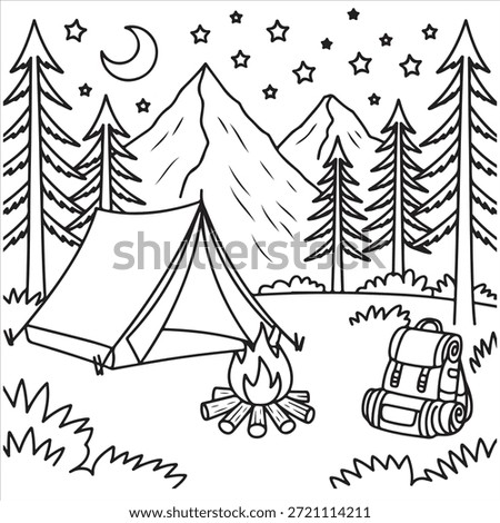 Camping house in the forest line art coloring page