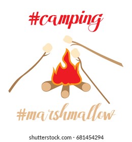 Camping icon with bonfire and grill marshmallow. Vector cartoon illustration isolated on background.