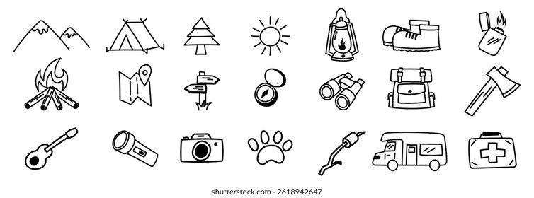 camping icon bundle doodle hiking wild nature hand drawing mountain camp fire