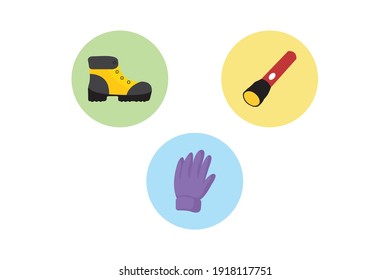 Camping Icon Bundle With Shoes, Flashlight, Glove