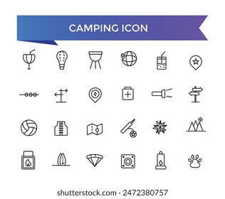 Camping icon collection. Camp, tent, fishing, nature, picnic table, forest, campfire, hiking and more. Vector Line icons set.