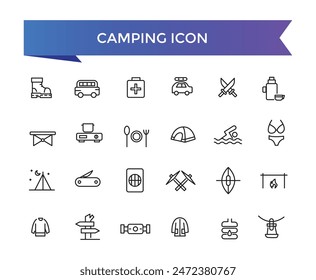 Camping icon collection. Camp, tent, fishing, nature, picnic table, forest, campfire, hiking and more. Vector Line icons set.