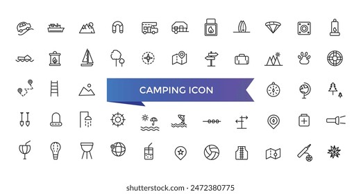 Camping icon collection. Camp, tent, fishing, nature, picnic table, forest, campfire, hiking and more. Vector Line icons set.