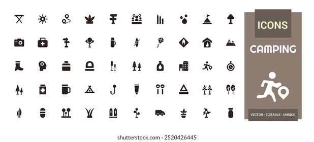 Camping icon collection. Camp, tent, fishing, picnic and more, filled icon set, glyph for web and ui. Solid icon set. Vector illustration.