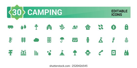 Camping icon collection. Camp, tent, fishing, picnic and more, filled icon set, glyph for web and ui. Solid icon set. Vector illustration.