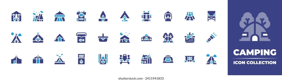 Camping icon collection. Duotone color. Vector and transparent illustration. Containing tent, lantern, camping, camping tent, camp, tool, picnic table, backpack, fire, buildings, basket, flashlight.