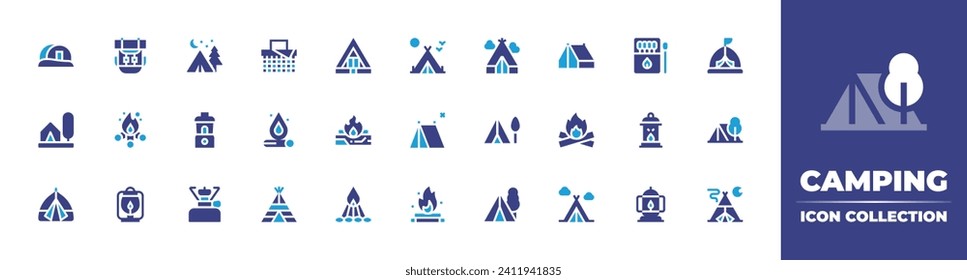 Camping icon collection. Duotone color. Vector and transparent illustration. Containing tent, light, bonfire, camping gas, camping, camping tent, picnic basket, matches, lantern, campfire.