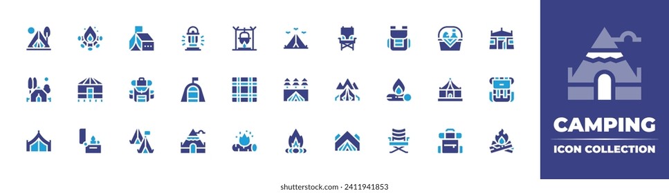 Camping icon collection. Duotone color. Vector and transparent illustration. Containing tent, backpack, bonfire, camping chair, refugee camp, camping, camping tent, fire, cooking, table, firewood.