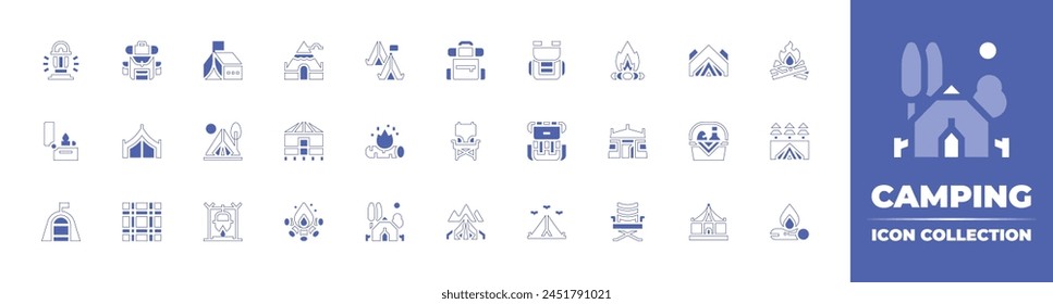 Camping icon collection. Duotone style line stroke and bold. Vector illustration. Containing tent, backpack, camping chair, refugee camp, camping, camping tent, cooking, table, bonfire, yurt, lantern.