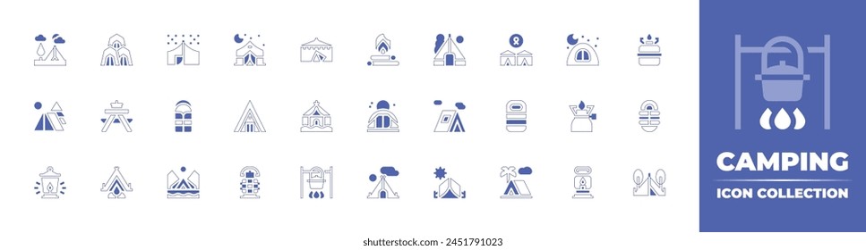 Camping icon collection. Duotone style line stroke and bold. Vector illustration. Containing pot, camping tent, camp, tent, sleeping bag, camping, refugee camp, picnic table, jaima tent, oil lamp.