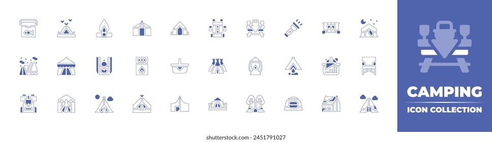 Camping icon collection. Duotone style line stroke and bold. Vector illustration. Containing tent, lantern, camping, camping tent, camp, tool, picnic table, backpack, fire, basket, village, portable.