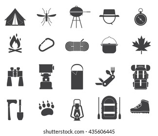 Camping Icon Collection. Hiking Elements. Camp Gear Set. Binoculars, Bowl, Barbecue, Boat, Lantern, Shoes, Hat, Tent. Outdoor Activity Camping Equipment. Tourist Hike Outline Vector Icons Isolated.