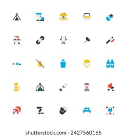 Camping Icon Collection. Pixel Perfect Camping Equipment Flat Color Style 2D Icon