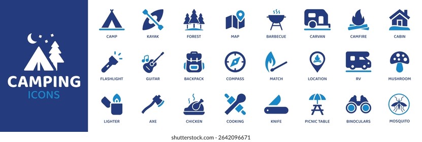 Camping - Icon Collection. Thin Line Set contains such Icons as Tent, Campfire, Backpack, Sleepingbag, Lantern, Compass, Hike and more. Simple web icons set.