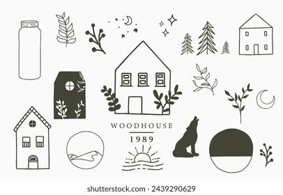 Camping icon collection with wild,natural,animal,flower,circle.Vector illustration for tattoo,accessories and interior