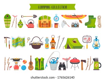 Camping icon equipment set. Vector collection of hiking, mountain climbing, camp gear and accessories