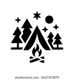 Camping Icon: Featuring A Rustic Tent Under The Trees, Paired With A Gentle Fire, This Illustration Symbolizes Freedom, Adventure, And The Quiet Of The Wild.