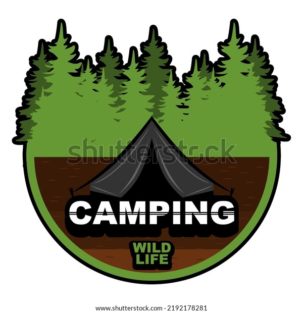 camping icon in the forest with green trees and the\
word camping wild life