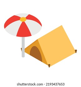 Camping icon isometric vector. Yellow open tourist tent and beach umbrella icon. Wild camping, eco tourism, outdoor recreation