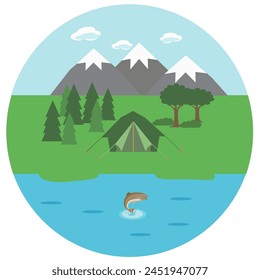 Acampando. Icono. Guardar Vamos. Descansa en las montañas. Objeto aislado. Diseño plano. Ilustración vectorial.