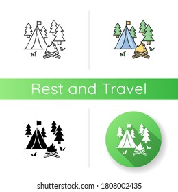 Camping icon. Linear black and RGB color styles. Nature tourism, outdoor recreation. Inexpensive vacation, overnight stay in forest. Campfire and tent in woods isolated vector illustrations