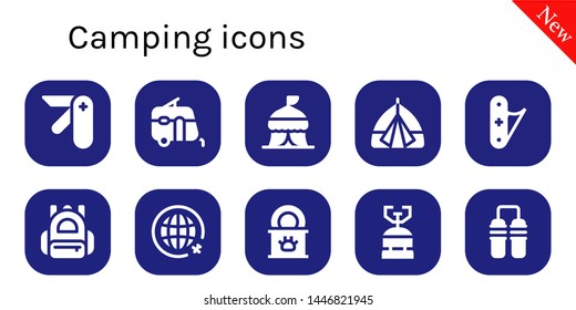 camping icon set. 10 filled camping icons.  Simple modern icons about  - Pocket knife, Caravan, Tent, Jackknife, Backpack, Travel, Tinned food, Camping gas, Nunchaku