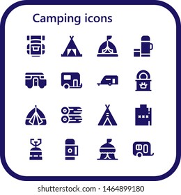 camping icon set. 16 filled camping icons.  Collection Of - Backpack, Tent, Thermo, Caravan, Tinned food, Woods, Hip flask, Camping gas