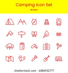Camping Icon Set. 20 Icons About Camping and Hiking. 64x64 Pixels Outline Pictograms